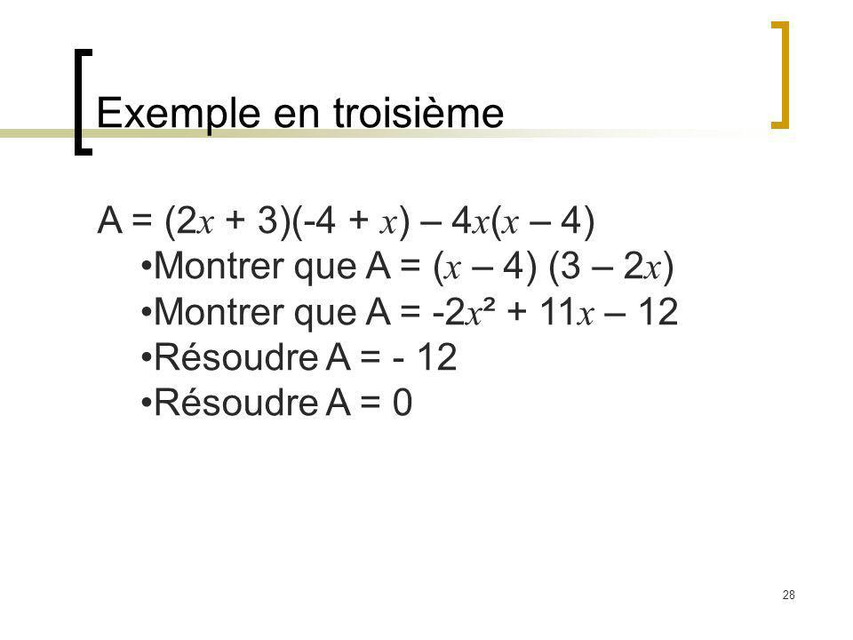 Exemple en troisième A = (2x + 3)(-4 + x) – 4x(x – 4)