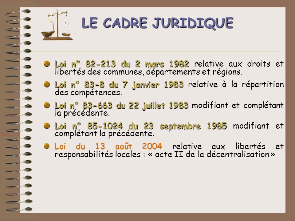 LE CADRE JURIDIQUE Loi n° du 2 mars 1982 relative aux droits et libertés des communes, départements et régions.