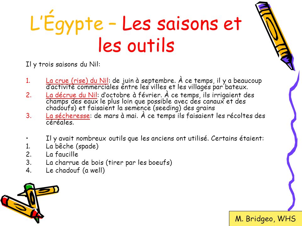 L’Égypte – Les saisons et les outils