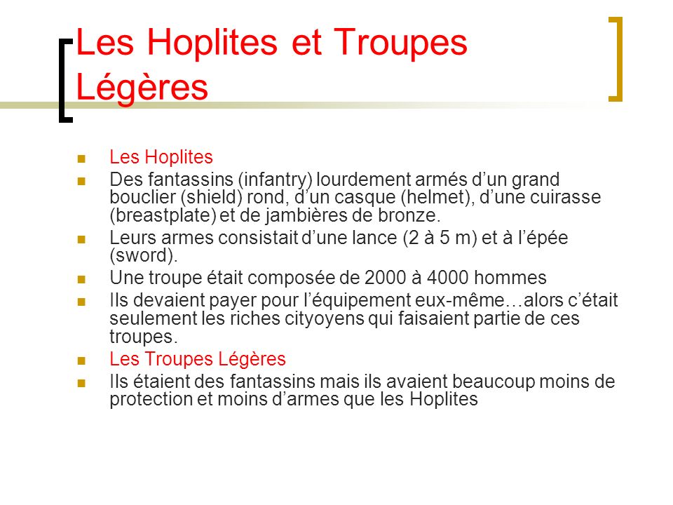 Les Hoplites et Troupes Légères