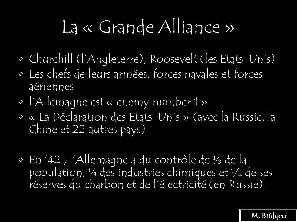 La « Grande Alliance » Churchill (l’Angleterre), Roosevelt (les Etats-Unis) Les chefs de leurs armées, forces navales et forces aériennes.