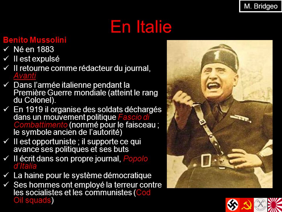 En Italie Benito Mussolini Né en 1883 Il est expulsé