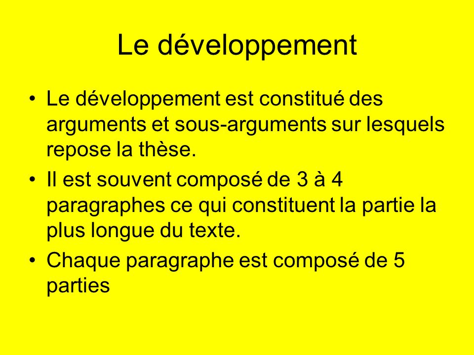 Le développement Le développement est constitué des arguments et sous-arguments sur lesquels repose la thèse.