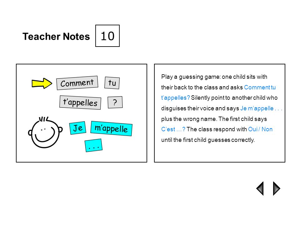 10 Teacher Notes Play a guessing game: one child sits with