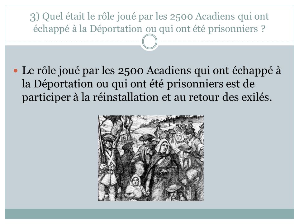 3) Quel était le rôle joué par les 2500 Acadiens qui ont échappé à la Déportation ou qui ont été prisonniers