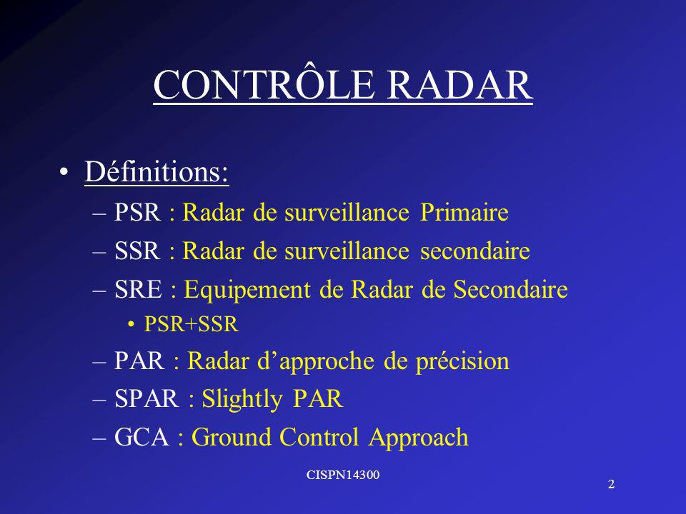CONTRÔLE RADAR Définitions: PSR : Radar de surveillance Primaire