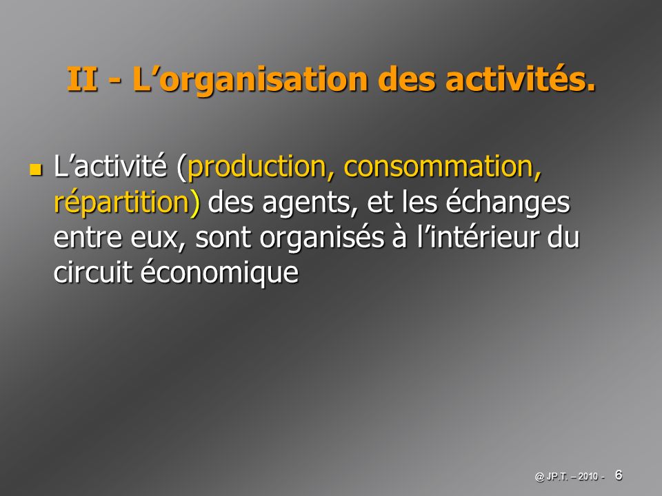 II - L’organisation des activités.