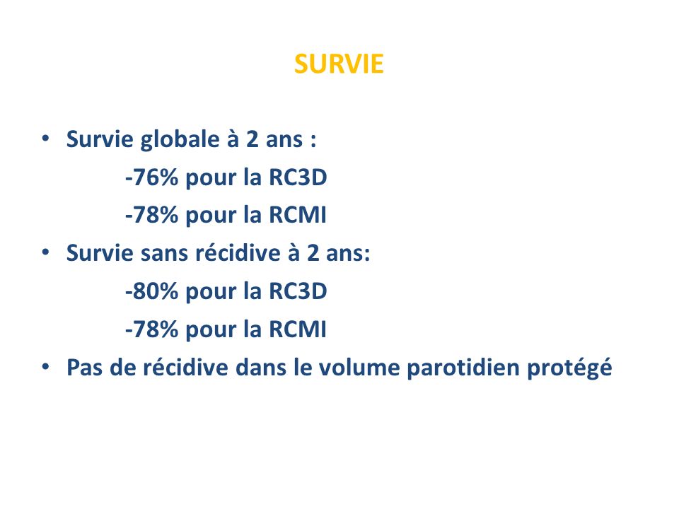 SURVIE Survie globale à 2 ans : -76% pour la RC3D -78% pour la RCMI