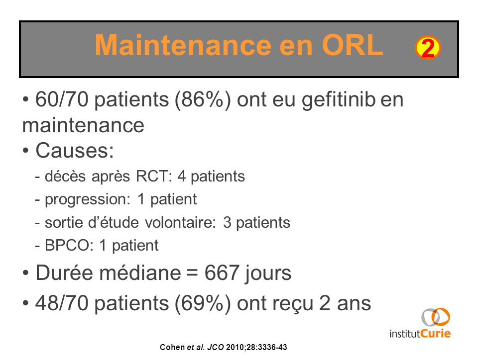 Maintenance en ORL 2. 60/70 patients (86%) ont eu gefitinib en maintenance. Causes: - décès après RCT: 4 patients.