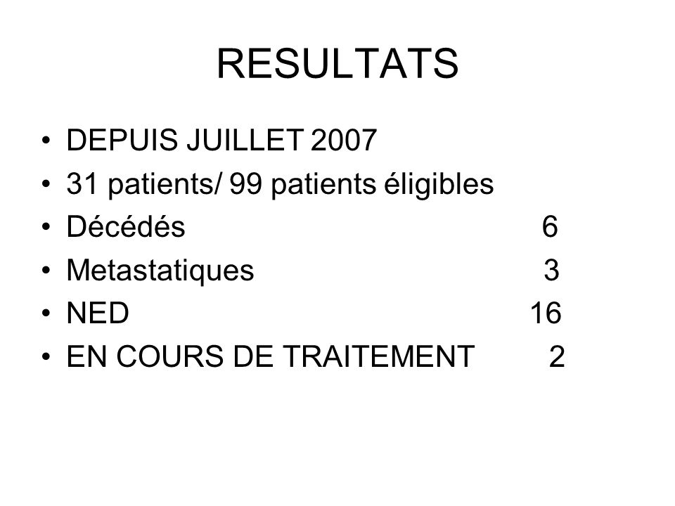 RESULTATS DEPUIS JUILLET patients/ 99 patients éligibles