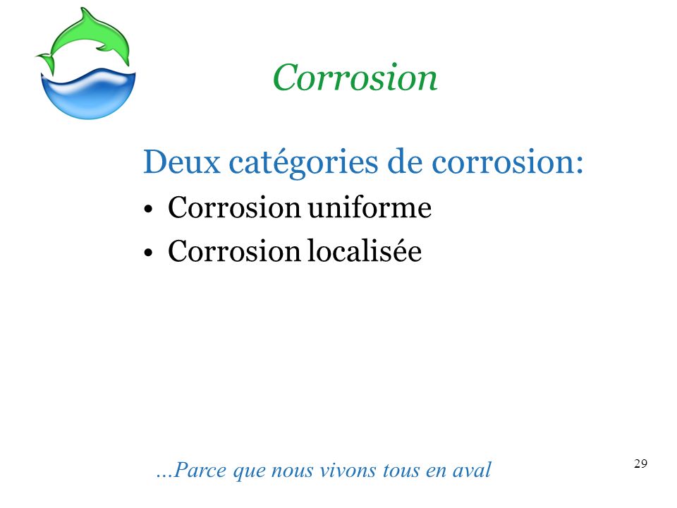 Corrosion Deux catégories de corrosion: Corrosion uniforme