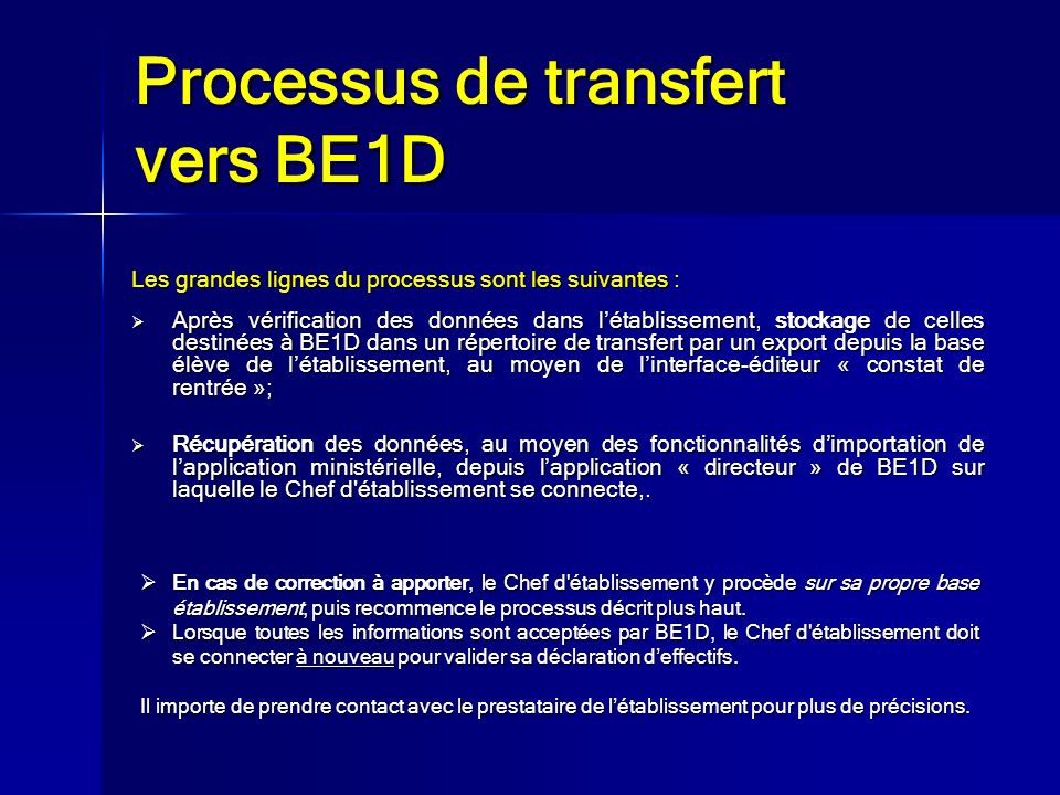 Processus de transfert vers BE1D