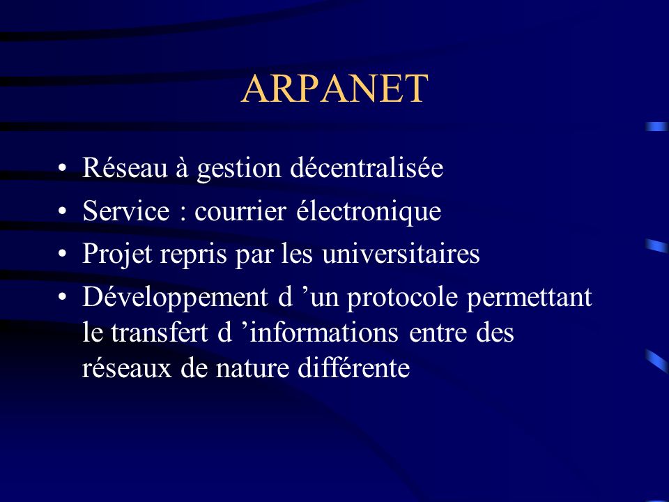 ARPANET Réseau à gestion décentralisée Service : courrier électronique