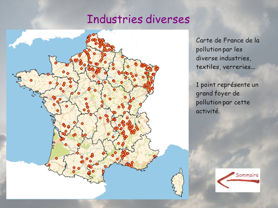 Industries diverses Carte de France de la pollution par les diverse industries, textiles, verreries...