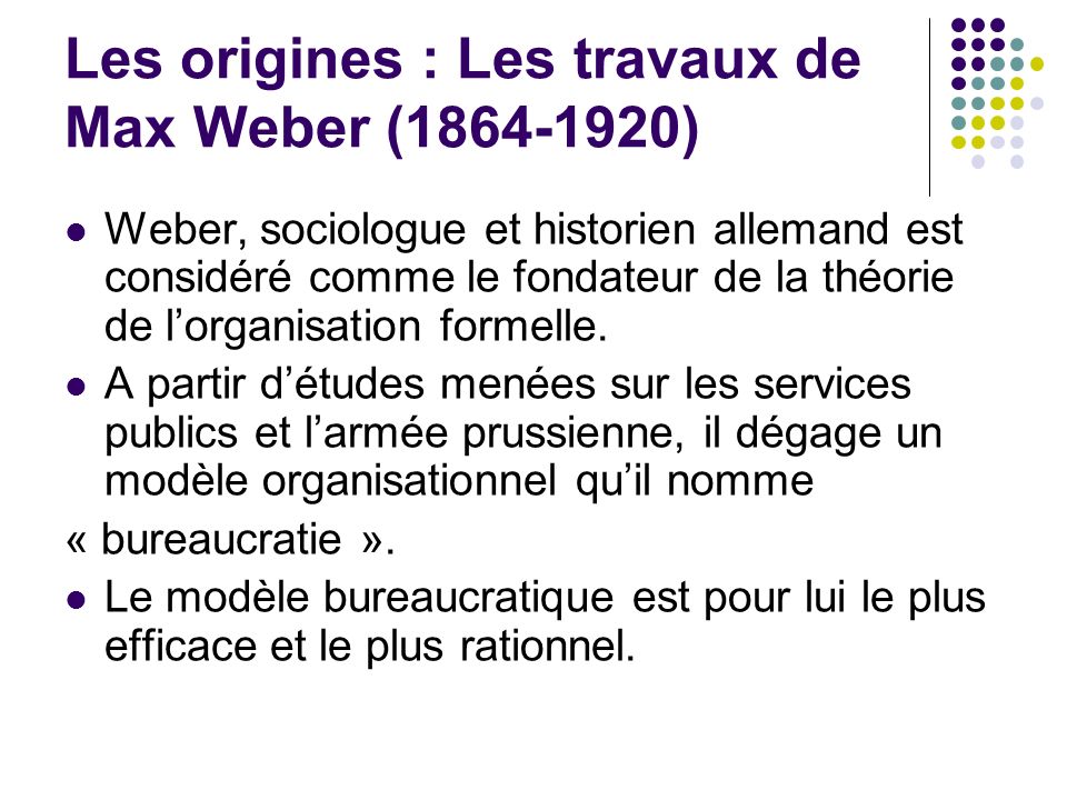 Les origines : Les travaux de Max Weber ( )