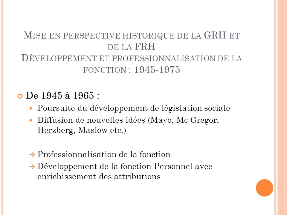 Mise en perspective historique de la GRH et de la FRH Développement et professionnalisation de la fonction :