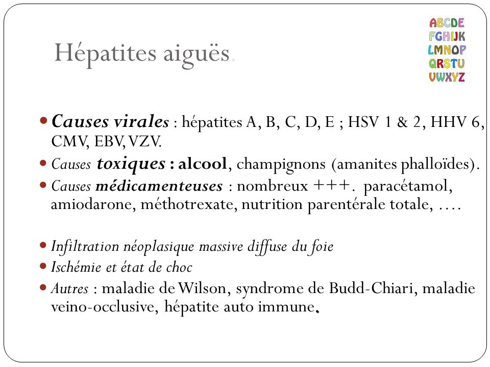 Hépatites aiguës. Causes virales : hépatites A, B, C, D, E ; HSV 1 & 2, HHV 6, CMV, EBV, VZV.