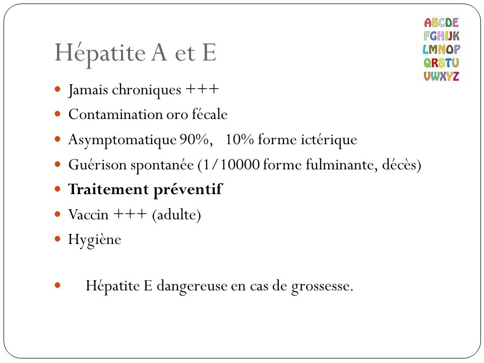 Hépatite A et E Jamais chroniques +++ Contamination oro fécale