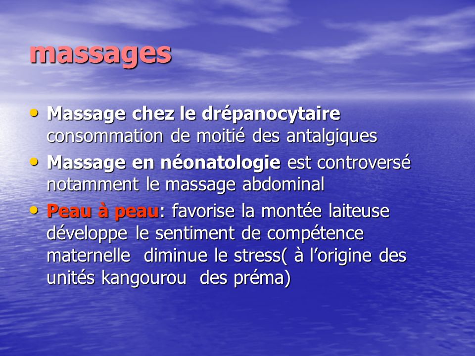 massages Massage chez le drépanocytaire consommation de moitié des antalgiques.