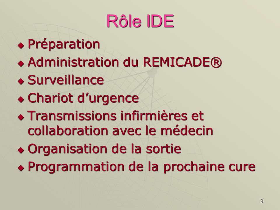 Rôle IDE Préparation Administration du REMICADE® Surveillance
