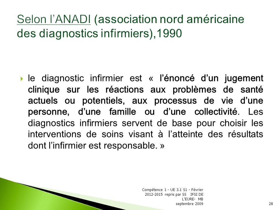 Selon l’ANADI (association nord américaine des diagnostics infirmiers),1990