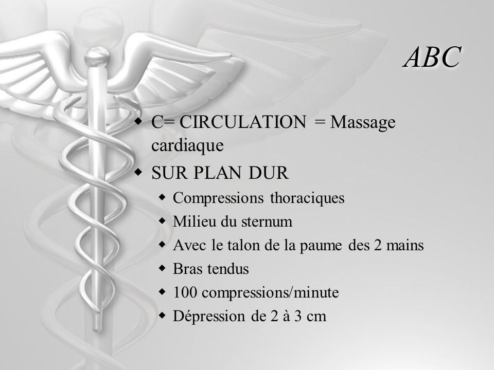 ABC C= CIRCULATION = Massage cardiaque SUR PLAN DUR