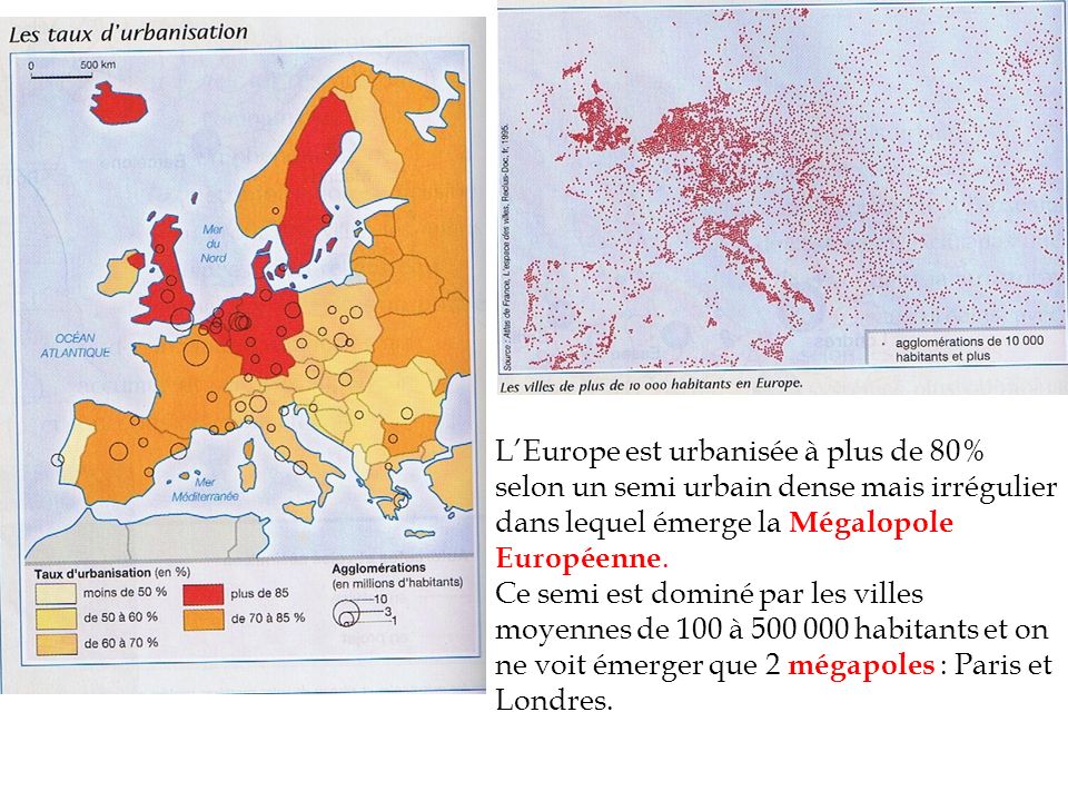 L’Europe est urbanisée à plus de 80% selon un semi urbain dense mais irrégulier dans lequel émerge la Mégalopole Européenne.