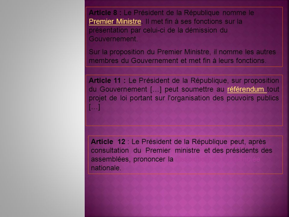 Article 8 : Le Président de la République nomme le Premier Ministre
