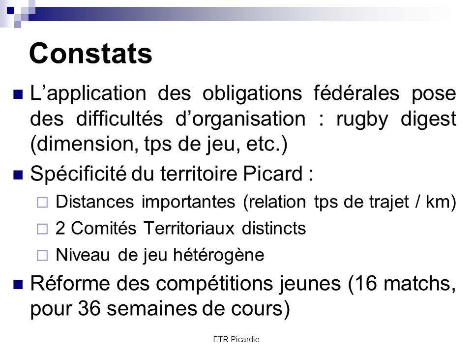 Constats L’application des obligations fédérales pose des difficultés d’organisation : rugby digest (dimension, tps de jeu, etc.)