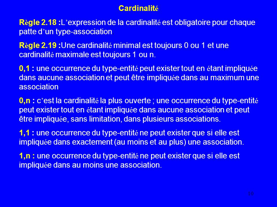 Cardinalité Règle 2.18 :L’expression de la cardinalité est obligatoire pour chaque patte d’un type-association.