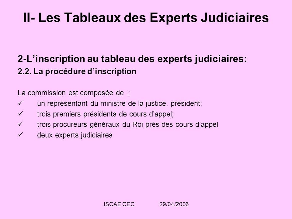 II- Les Tableaux des Experts Judiciaires