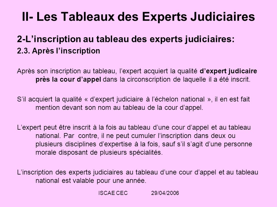 II- Les Tableaux des Experts Judiciaires