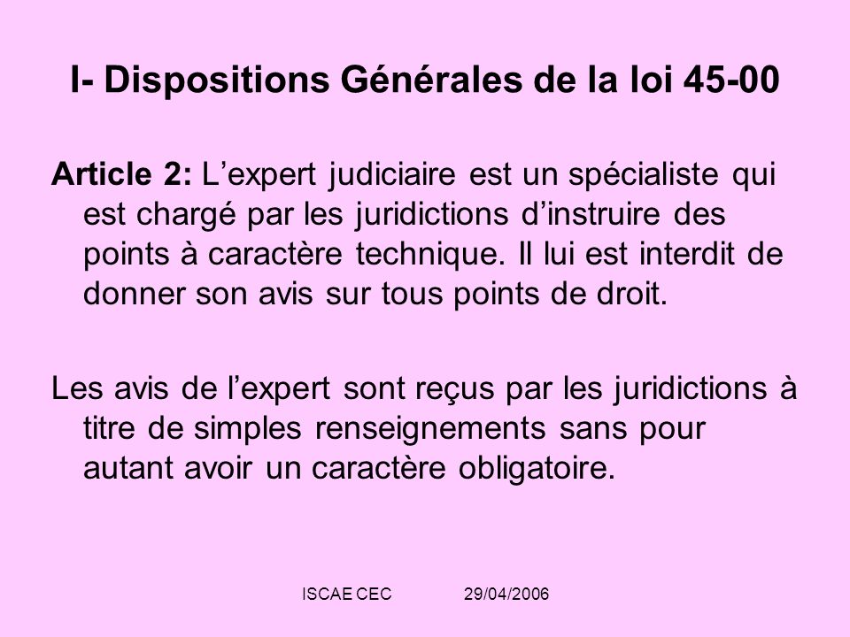I- Dispositions Générales de la loi 45-00