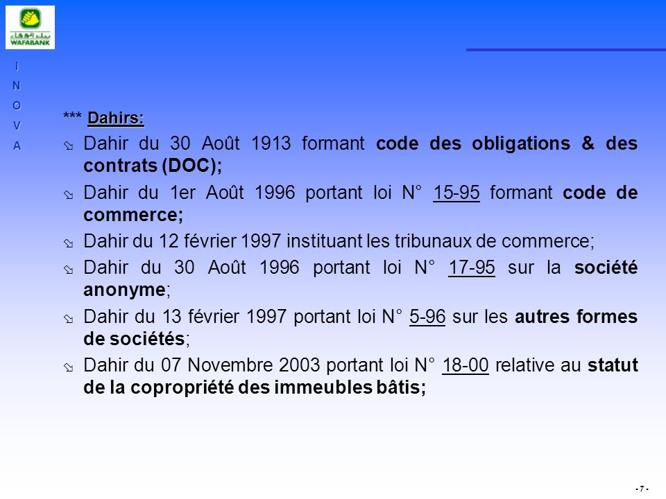 Dahir du 1er Août 1996 portant loi N° formant code de commerce;
