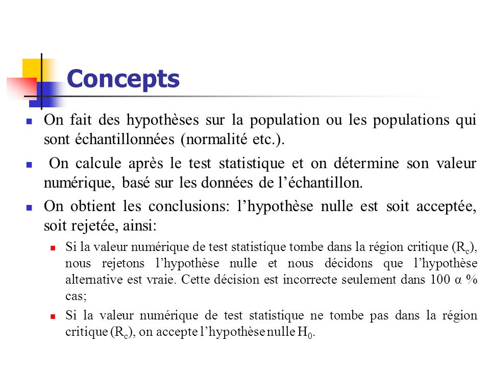Concepts On fait des hypothèses sur la population ou les populations qui sont échantillonnées (normalité etc.).