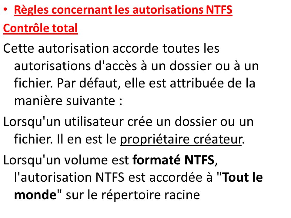 Règles concernant les autorisations NTFS