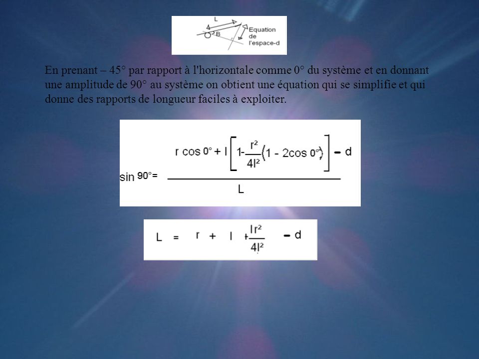 En prenant – 45° par rapport à l horizontale comme 0° du système et en donnant une amplitude de 90° au système on obtient une équation qui se simplifie et qui donne des rapports de longueur faciles à exploiter.