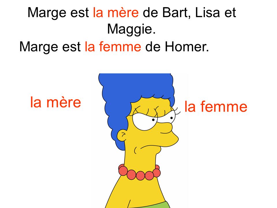 Marge est la mère de Bart, Lisa et Maggie.