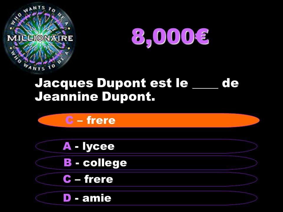 8,000€ Jacques Dupont est le ____ de Jeannine Dupont. C – frere
