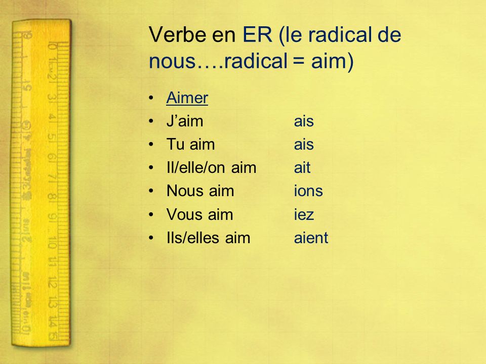 Verbe en ER (le radical de nous….radical = aim)