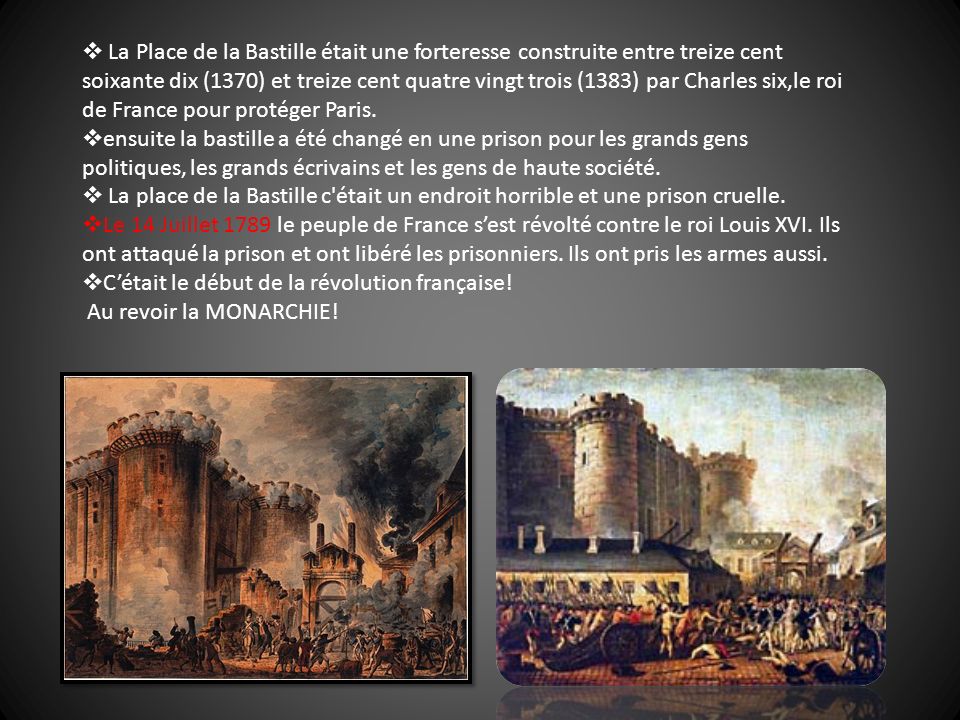 La Place de la Bastille était une forteresse construite entre treize cent soixante dix (1370) et treize cent quatre vingt trois (1383) par Charles six,le roi de France pour protéger Paris.