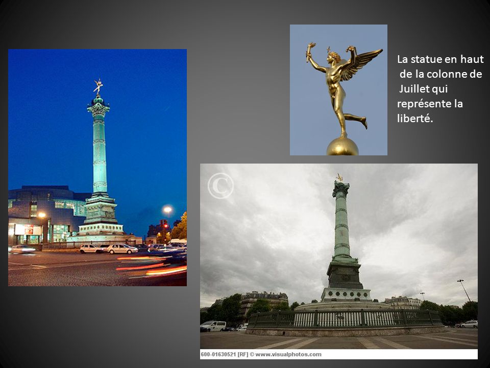 La statue en haut de la colonne de Juillet qui représente la liberté.