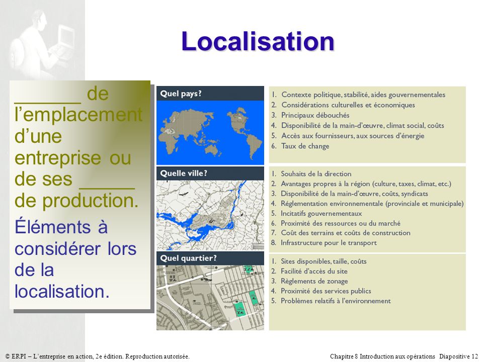 Localisation ______ de l’emplacement d’une entreprise ou de ses _____ de production. Éléments à considérer lors de la localisation.