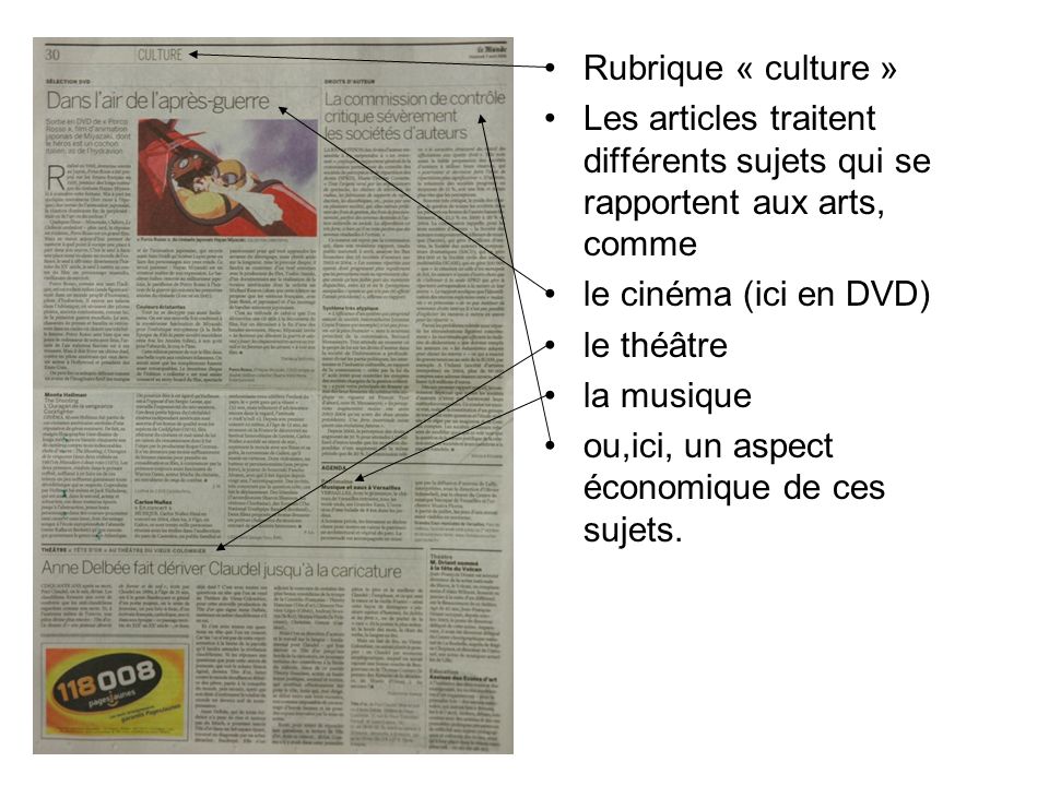 Rubrique « culture » Les articles traitent différents sujets qui se rapportent aux arts, comme. le cinéma (ici en DVD)