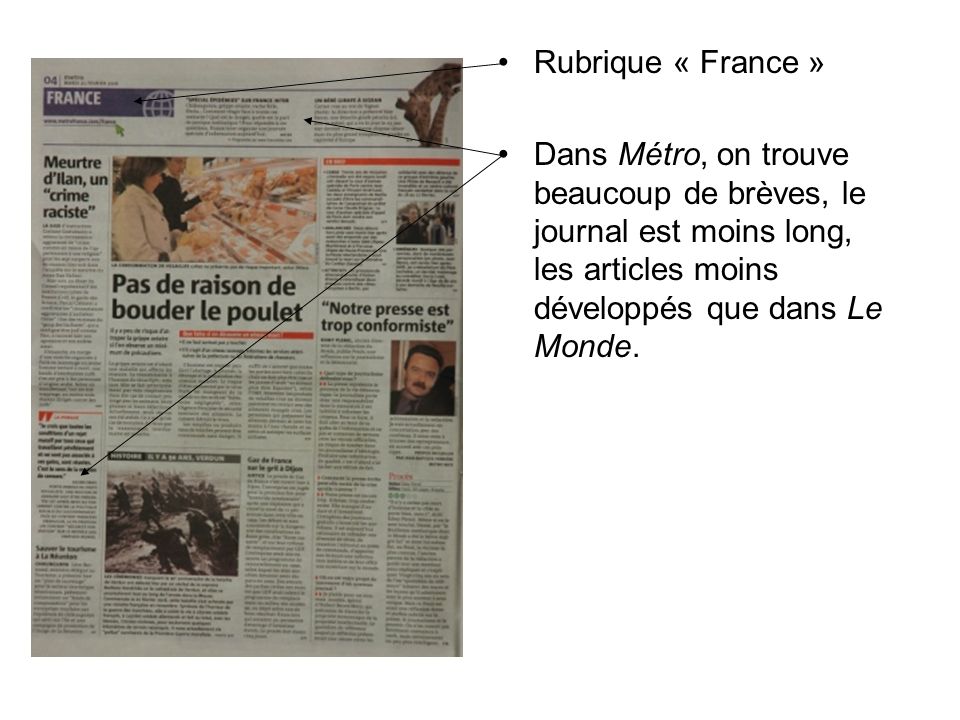 Rubrique « France » Dans Métro, on trouve beaucoup de brèves, le journal est moins long, les articles moins développés que dans Le Monde.
