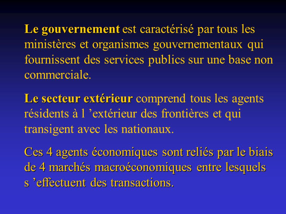Le gouvernement est caractérisé par tous les ministères et organismes gouvernementaux qui fournissent des services publics sur une base non commerciale.