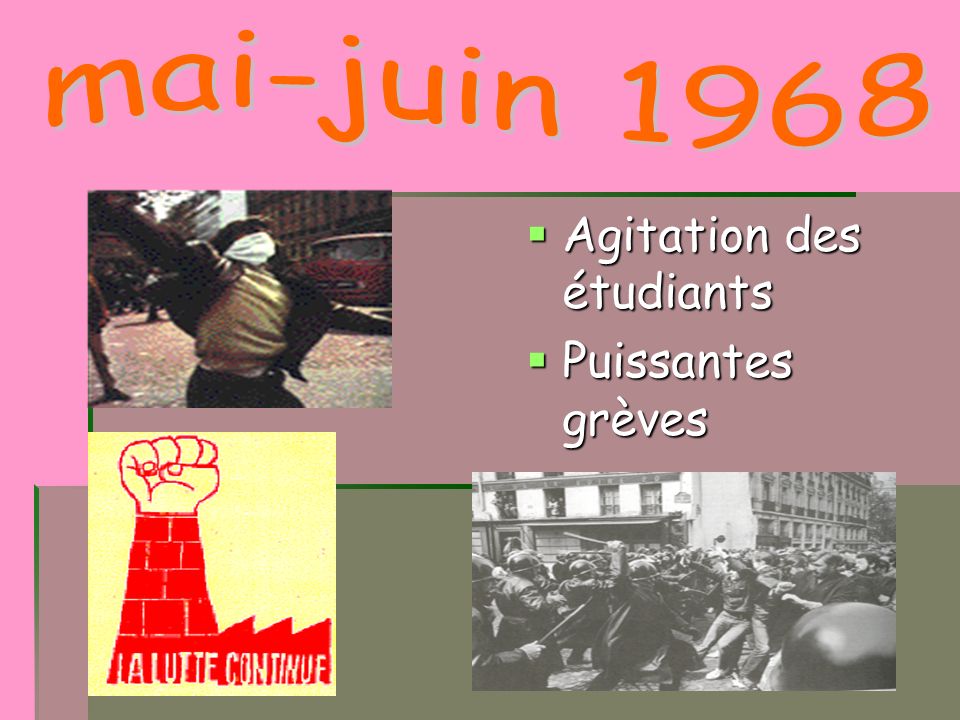 mai-juin 1968 Agitation des étudiants Puissantes grèves