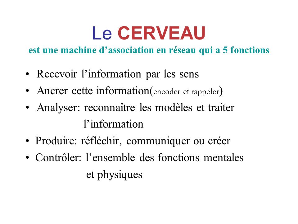 Le CERVEAU est une machine d’association en réseau qui a 5 fonctions