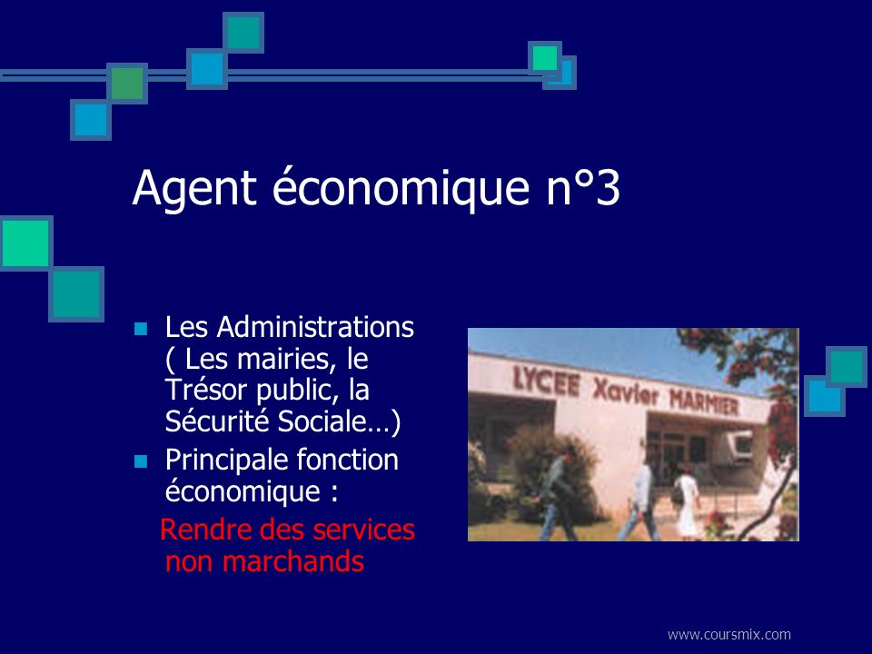 Agent économique n°3 Les Administrations ( Les mairies, le Trésor public, la Sécurité Sociale…) Principale fonction économique :