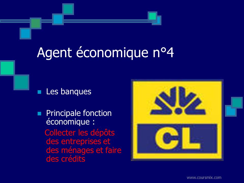 Agent économique n°4 Les banques Principale fonction économique :